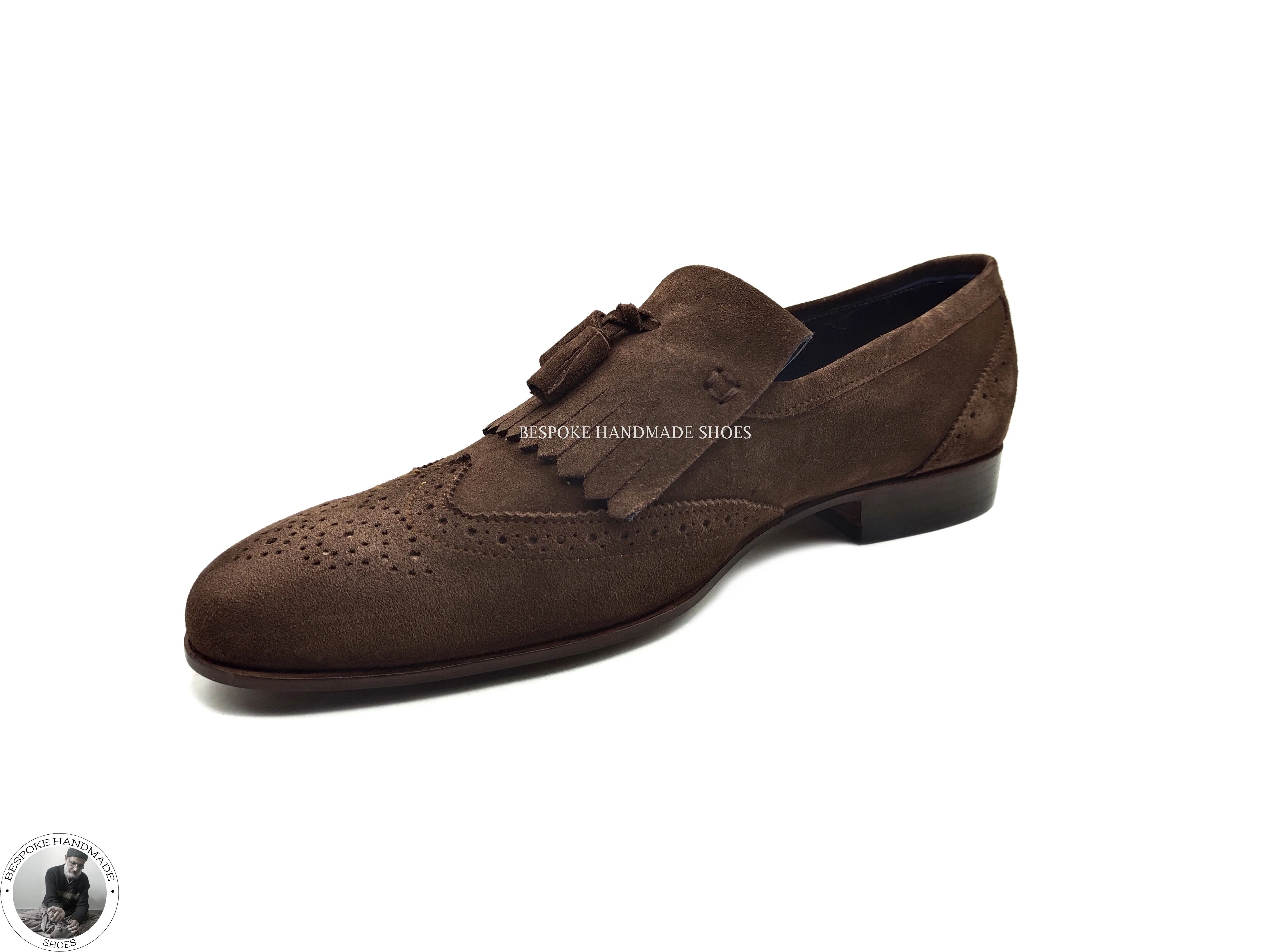Bespoke Men's, Real Brown Suede Wingtip Brogue Slip on Leather Tassels Unique Shoes