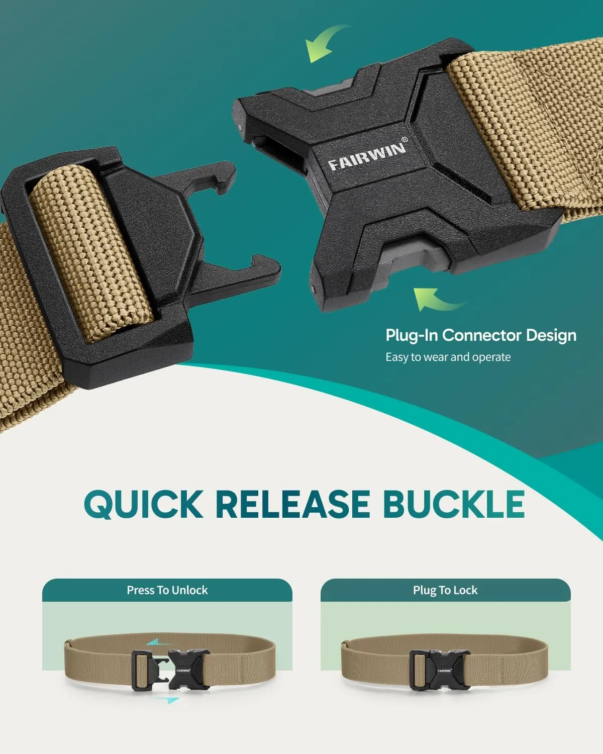 FAIRWIN Tactical Belt Men, 1.5" Stretch Nylon Web Military Hiking Rigger Work Belts with Quick-Release Seatbelt Buckle