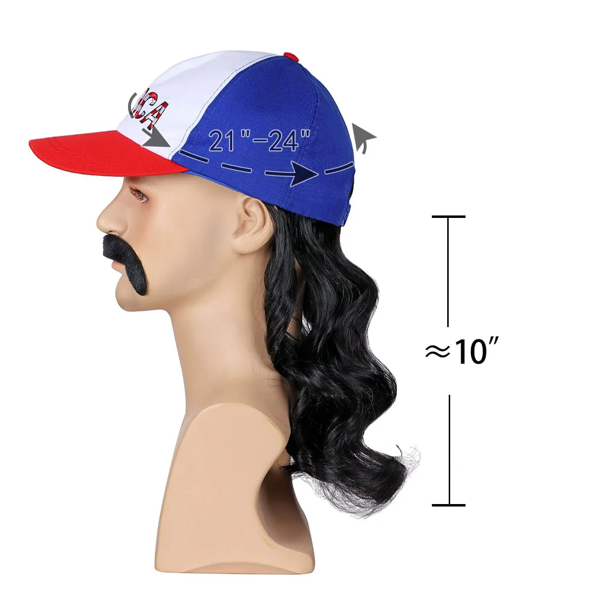 FantaLook Red White and Blue Mullet Black Wig with Mustache for Men 4th of July