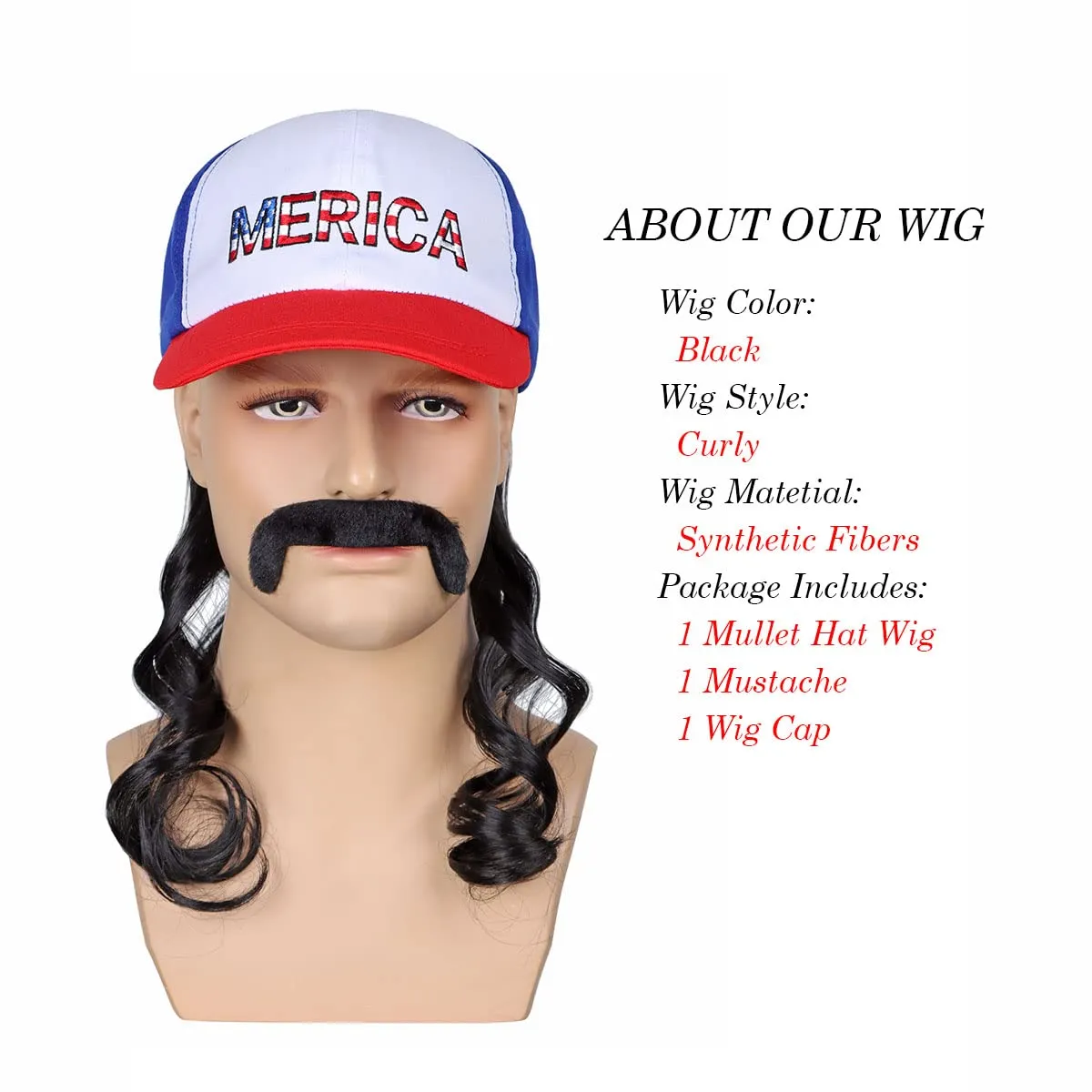 FantaLook Red White and Blue Mullet Black Wig with Mustache for Men 4th of July