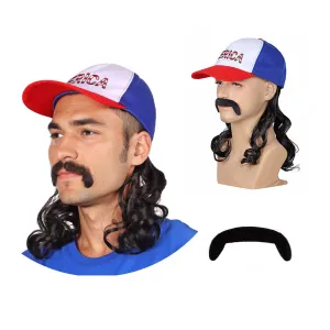 FantaLook Red White and Blue Mullet Black Wig with Mustache for Men 4th of July