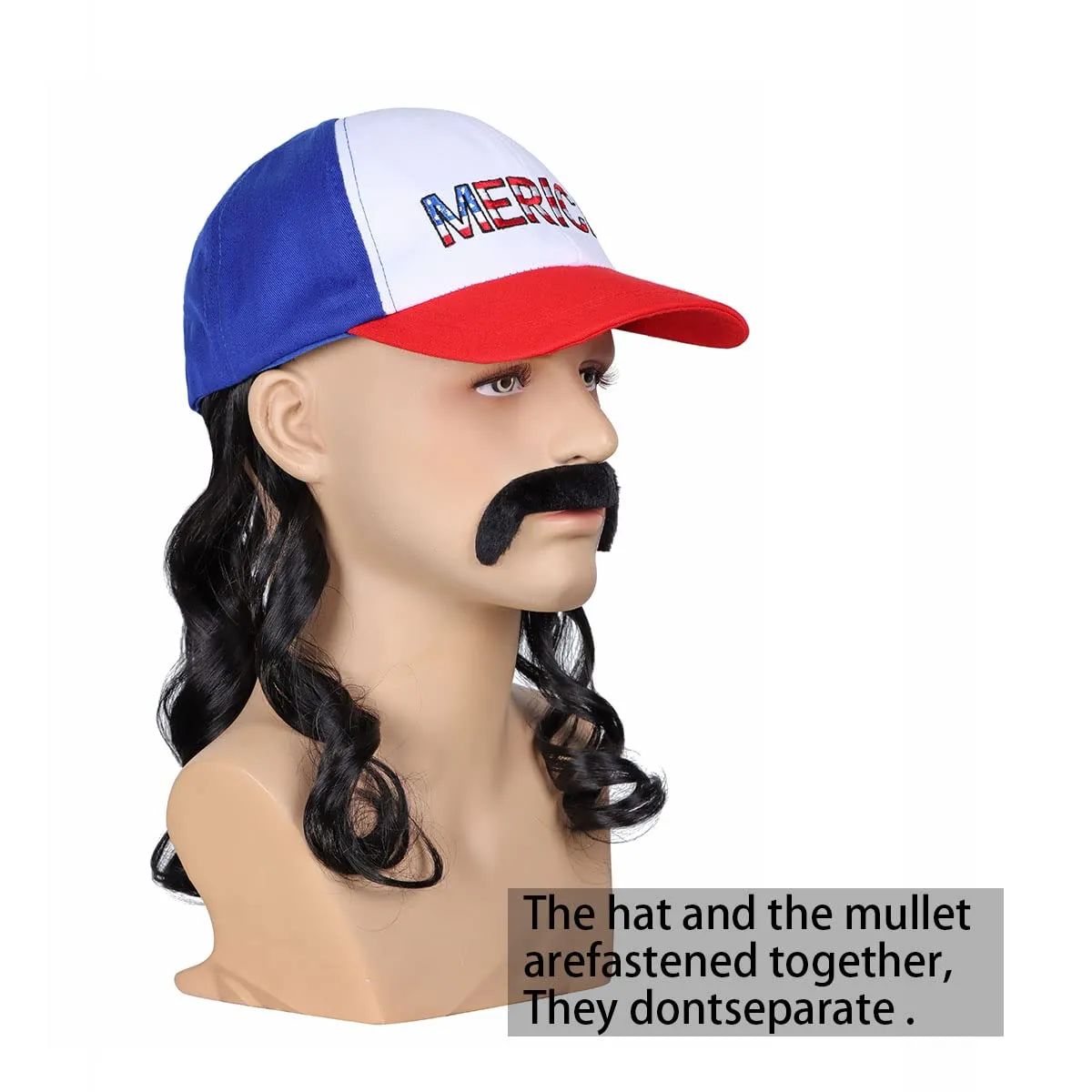 FantaLook Red White and Blue Mullet Black Wig with Mustache for Men 4th of July