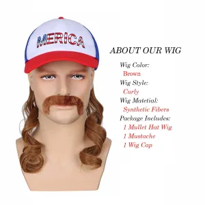 FantaLook Red White and Blue Mullet Brown Wig with Mustache for Men 4th of July