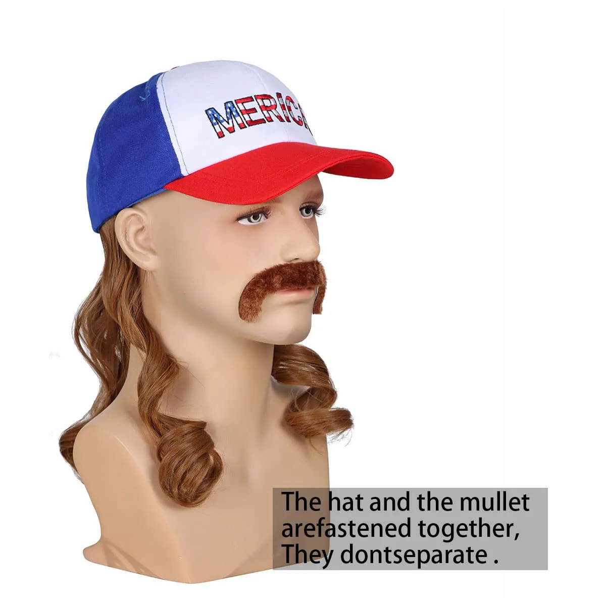 FantaLook Red White and Blue Mullet Brown Wig with Mustache for Men 4th of July