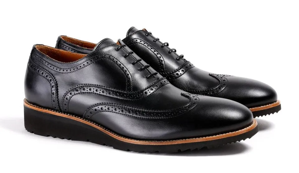 Men's Black & Tan Accented Brogue Wingtip on Black Wedge sole (EX-35)