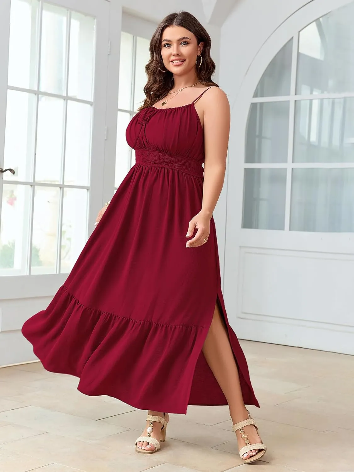 SCOMCHIC Plus Size Summer Boho Dresses Spaghetti Strap Sleeveless Casual Sundress Smocked Flowy Slit Beach Maxi Dress