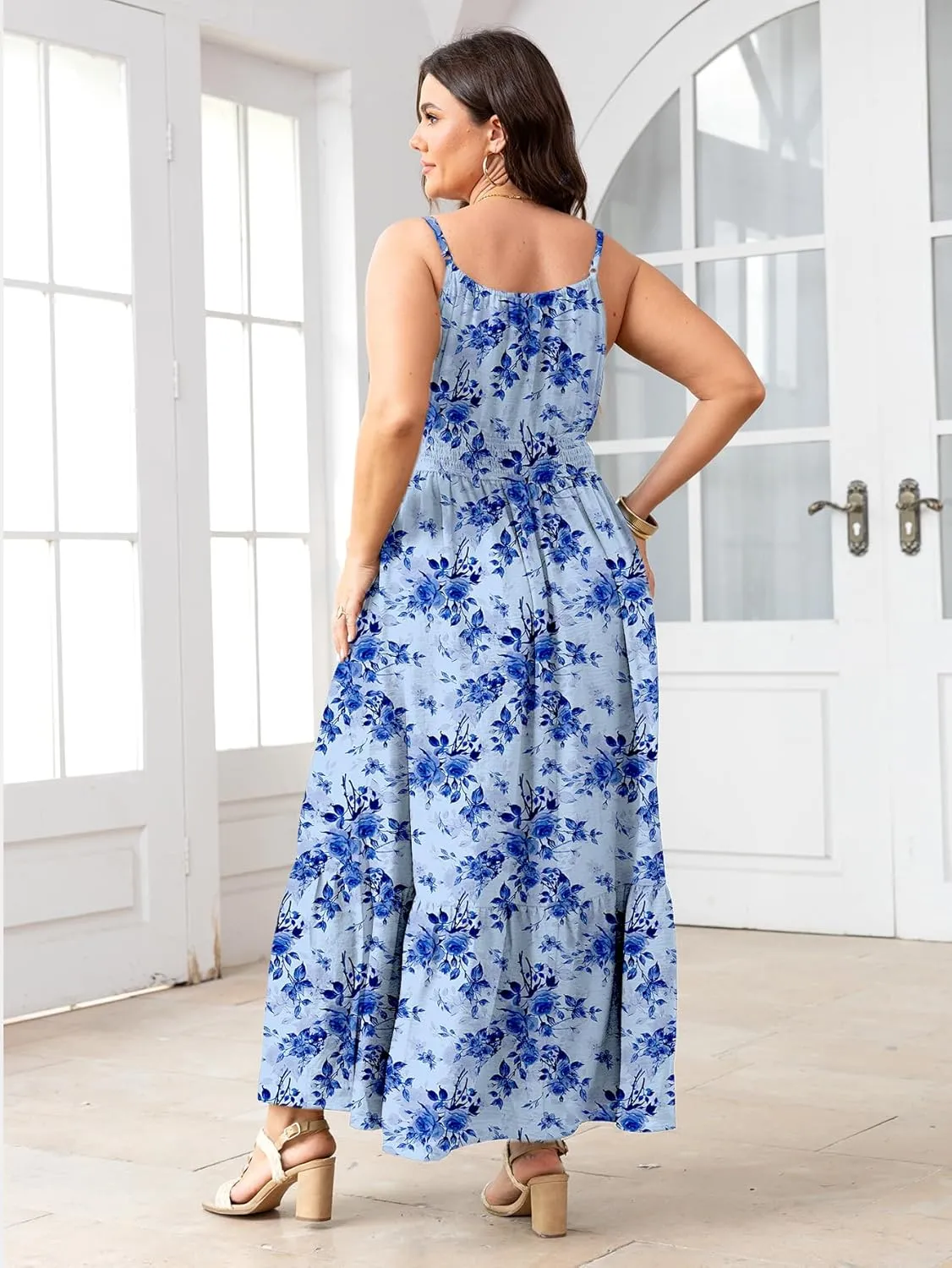 SCOMCHIC Plus Size Summer Boho Dresses Spaghetti Strap Sleeveless Casual Sundress Smocked Flowy Slit Beach Maxi Dress