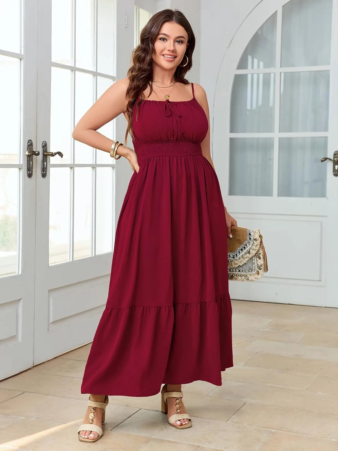 SCOMCHIC Plus Size Summer Boho Dresses Spaghetti Strap Sleeveless Casual Sundress Smocked Flowy Slit Beach Maxi Dress