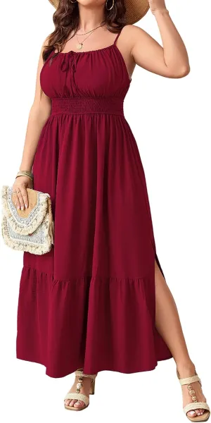 SCOMCHIC Plus Size Summer Boho Dresses Spaghetti Strap Sleeveless Casual Sundress Smocked Flowy Slit Beach Maxi Dress