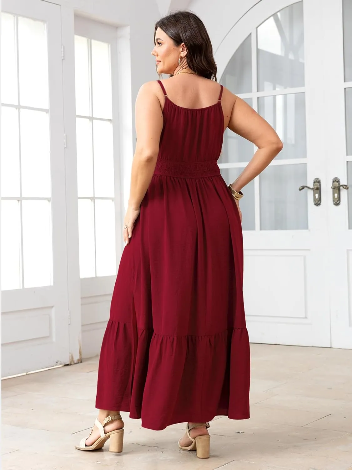 SCOMCHIC Plus Size Summer Boho Dresses Spaghetti Strap Sleeveless Casual Sundress Smocked Flowy Slit Beach Maxi Dress
