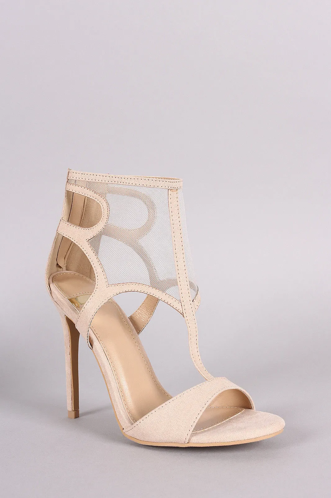 Suede Cutout Mesh Cuff Open Toe Stiletto Heel