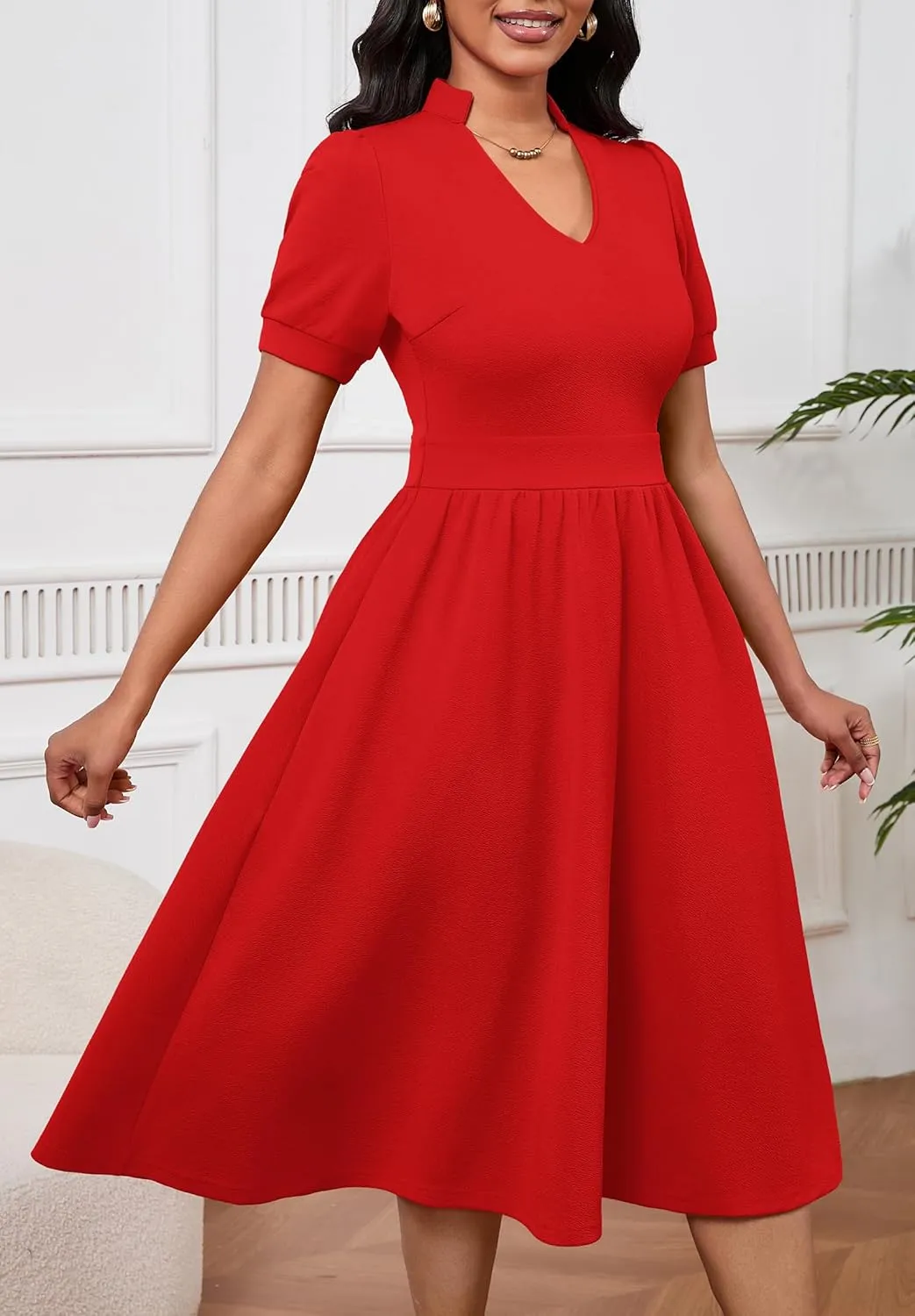 Women Dresses Short Sleeve Semi-Formal Knee Length V Neck Casual Ladies Dress