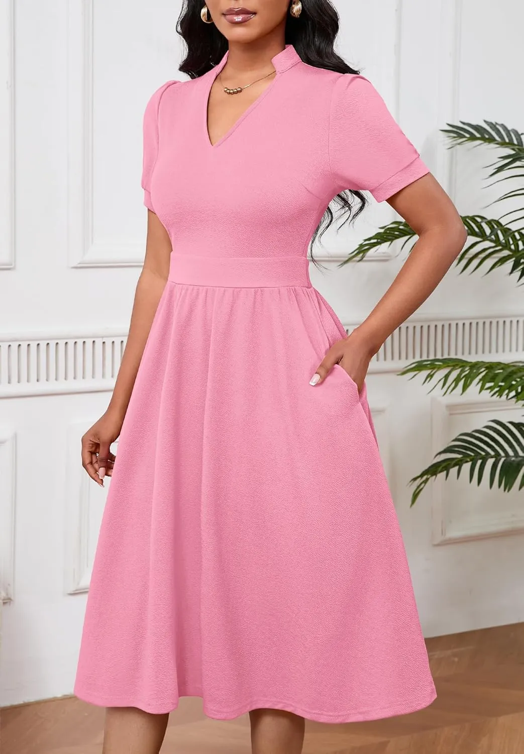 Women Dresses Short Sleeve Semi-Formal Knee Length V Neck Casual Ladies Dress