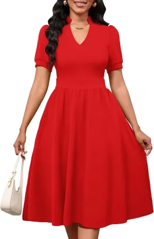 Women Dresses Short Sleeve Semi-Formal Knee Length V Neck Casual Ladies Dress