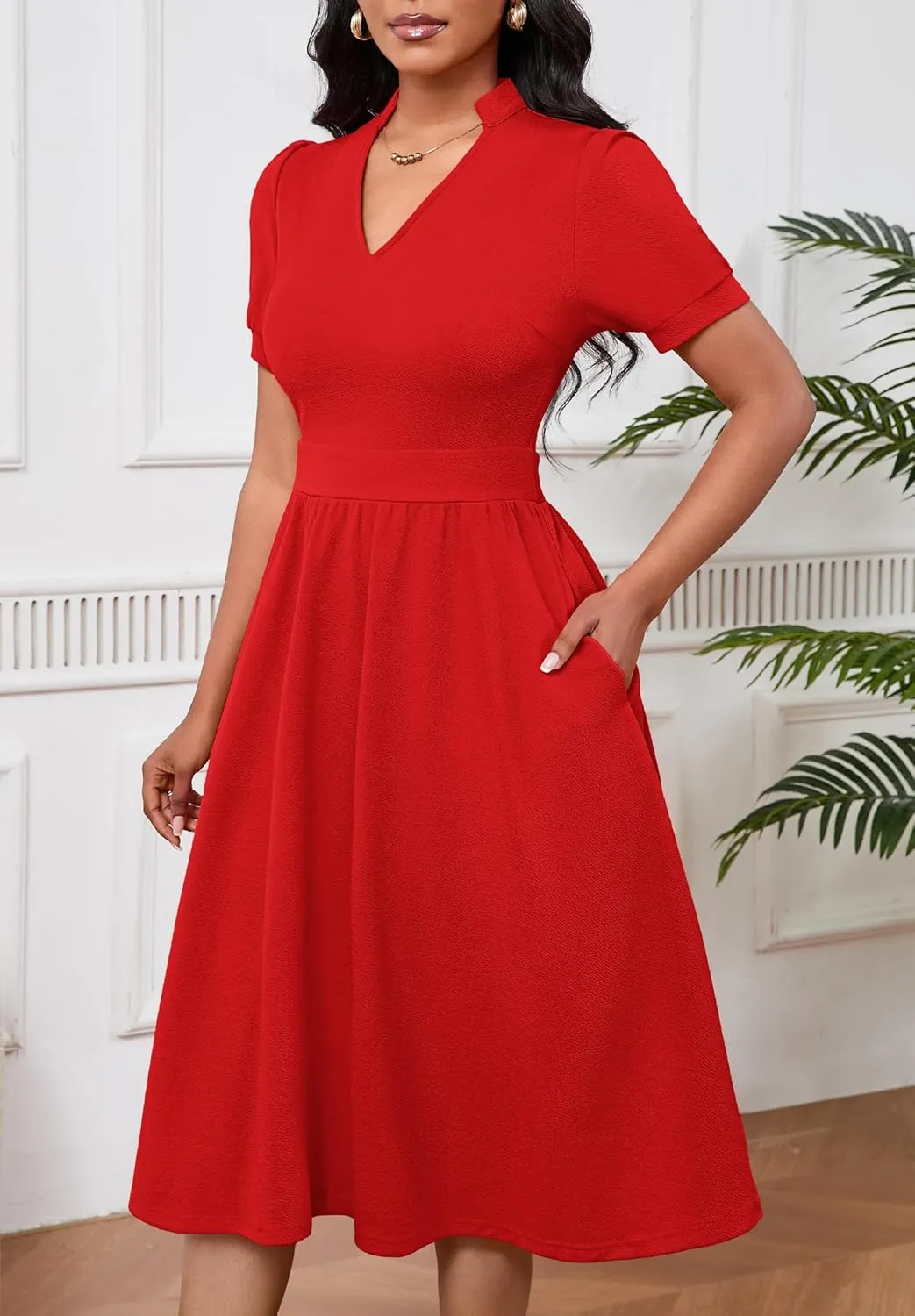 Women Dresses Short Sleeve Semi-Formal Knee Length V Neck Casual Ladies Dress
