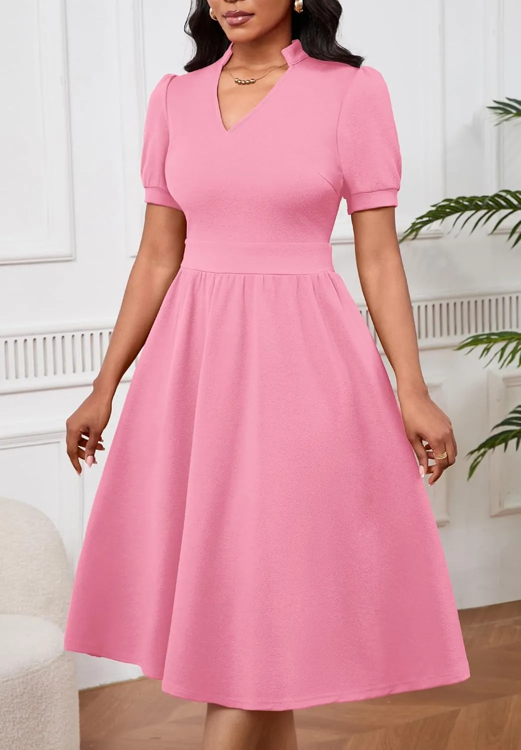 Women Dresses Short Sleeve Semi-Formal Knee Length V Neck Casual Ladies Dress