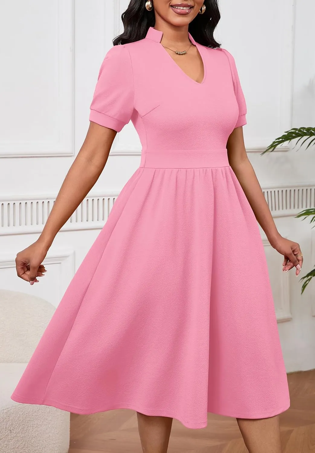 Women Dresses Short Sleeve Semi-Formal Knee Length V Neck Casual Ladies Dress