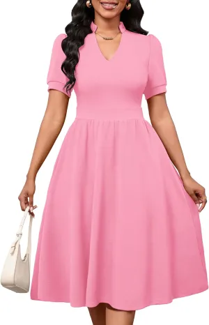 Women Dresses Short Sleeve Semi-Formal Knee Length V Neck Casual Ladies Dress
