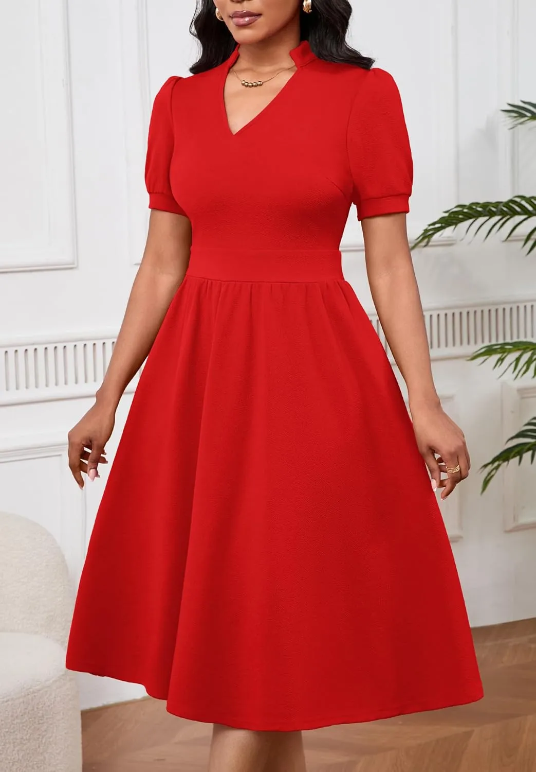 Women Dresses Short Sleeve Semi-Formal Knee Length V Neck Casual Ladies Dress