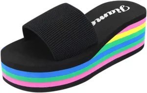 Womens Rainbow Platform Wedge Sandals Open Toe Casual Summer High Heel Slides Sandal Slip On Y2k Beach Slippers