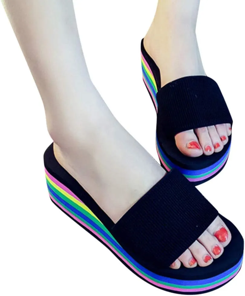 Womens Rainbow Platform Wedge Sandals Open Toe Casual Summer High Heel Slides Sandal Slip On Y2k Beach Slippers