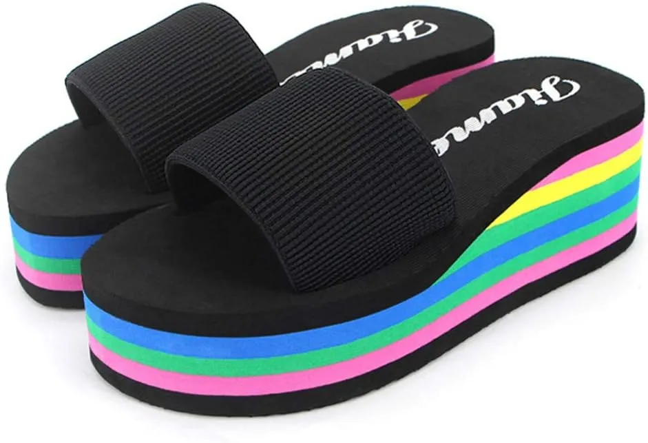 Womens Rainbow Platform Wedge Sandals Open Toe Casual Summer High Heel Slides Sandal Slip On Y2k Beach Slippers